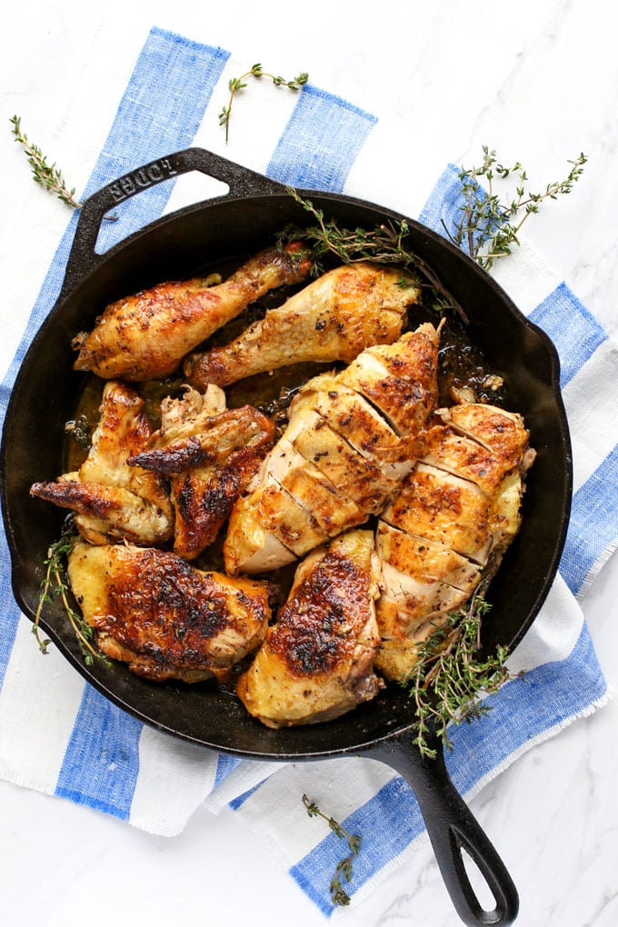 Mustard Garlic Butterflied Roasted Chicken in a Skillet