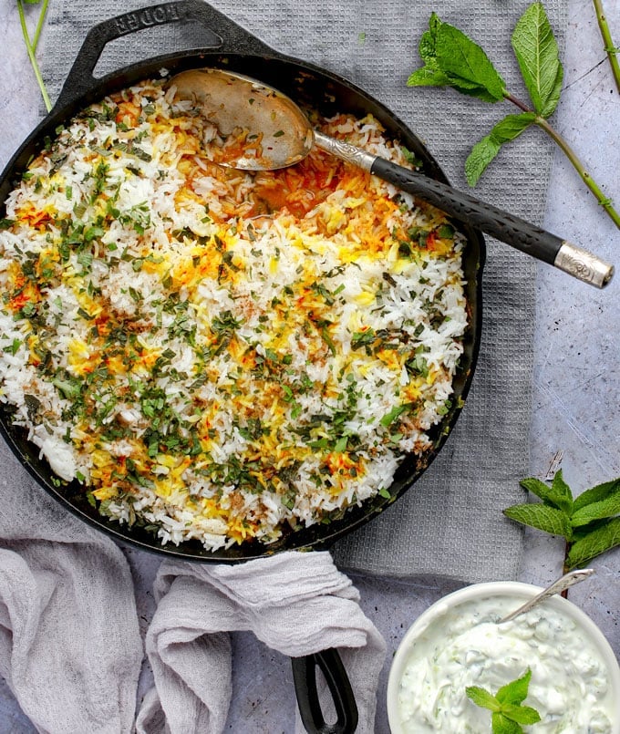 Indian Chicken Biryani in a cast iron skillet