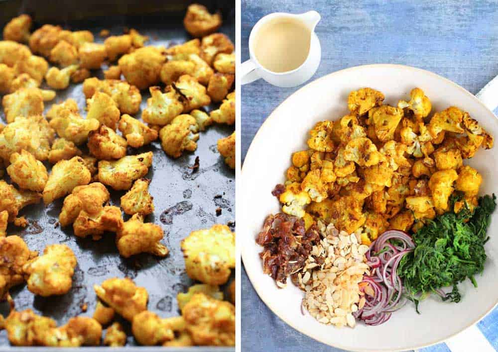 an oven tray covered with vivid yellow turmeric roasted cauliflower florets, next photos show a big white bowl filled with piles of ingredients for cauliflower salad: roasted cauliflower, sliced red onions, chopped dates, and blanched spinach