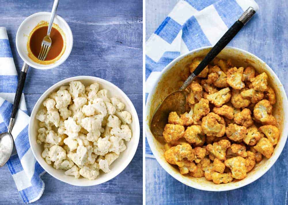 a white bowl of cauliflower florets and a small bowl of dressing, next photo is a closer shot of the cauliflower in the bowl, tossed with the bright turmeric dressing