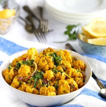 A bowl of turmeric roasted cauliflower salad