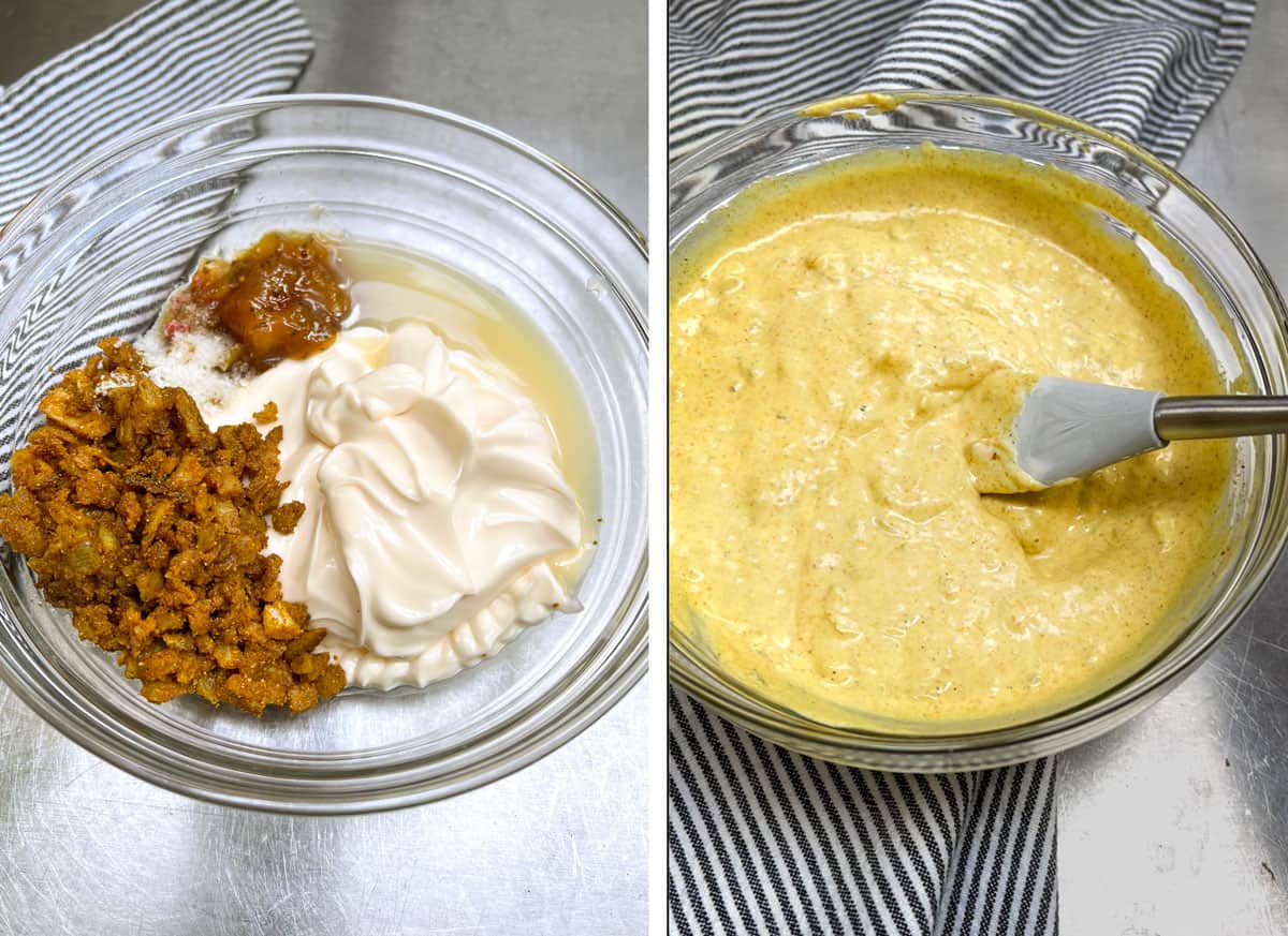 glass bowl filled with ingredients for curry mayonnaise: mayo, sautéd curried chopped onions, lime juice and mango chutney. Second image shows the curried mayo after being mixed.