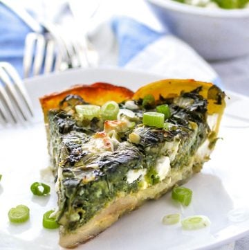 slice of Greek spinach pie in potato crust