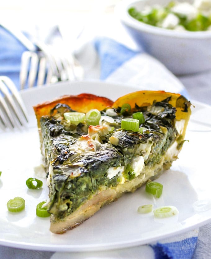 a slice of Greek spinach pie in potato crust