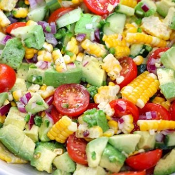 Close up of corn tomato avocado salad