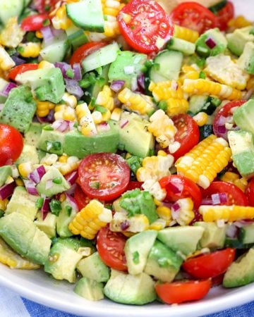 Close up of corn tomato avocado salad