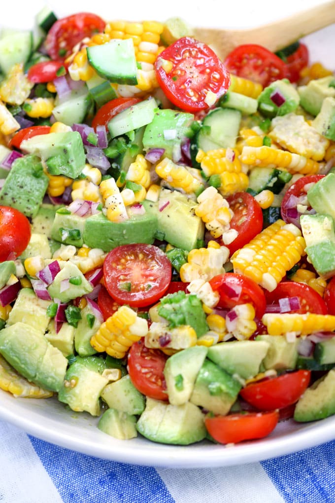 Close up of corn tomato avocado salad