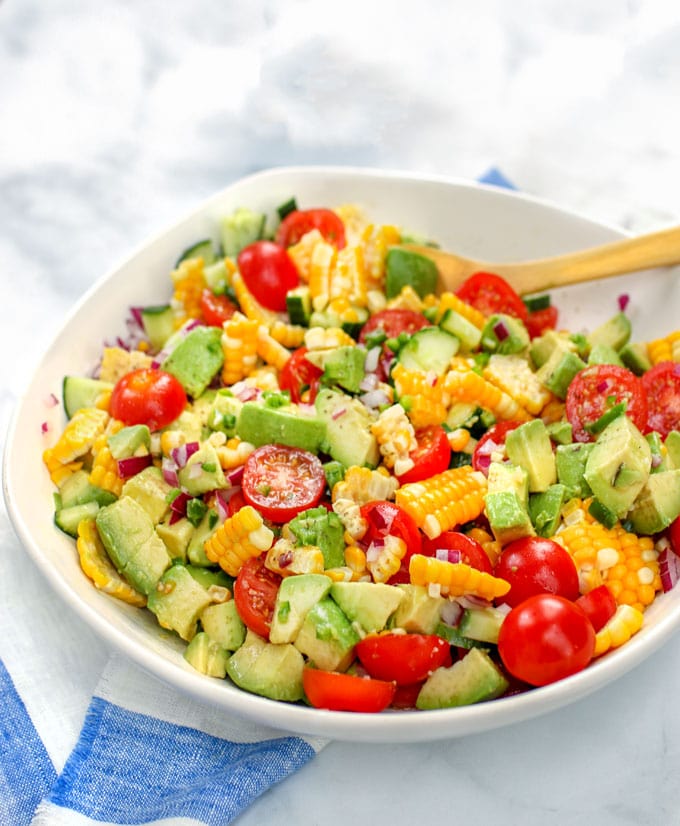 Corn Tomato Avocado Salad in a bowl 