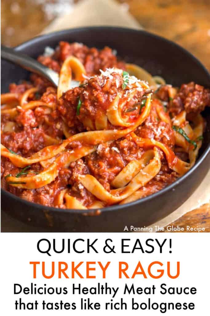 Pinterest Pin: a black bowl filled with tagliatelle pasta with turkey ragu, some of it being twirled around a fork