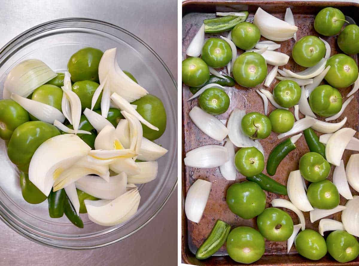 two overhead images, firstof a glass bowl filled with tomatillos, sliced white onion and halved jalapenos, then the veggies are spread onto a baking sheet.