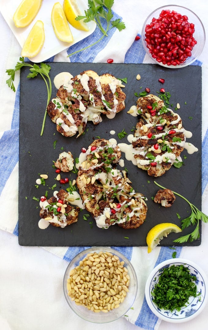 grilled cauliflower shawarma with garnishes