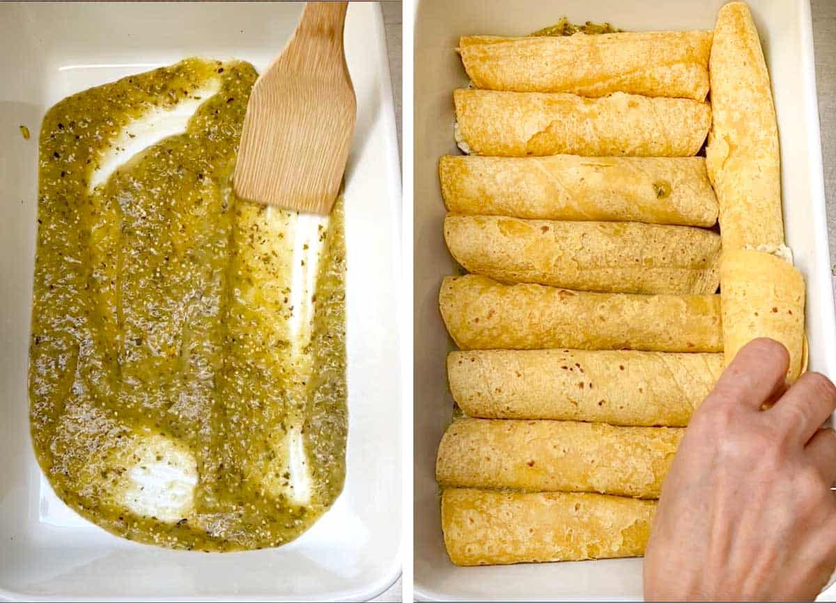 overhead shots: first shows salsa verde being spread into the bottom of a white roasting pan, the second shows the roasting pan filled with rolled up chicken enchiladas