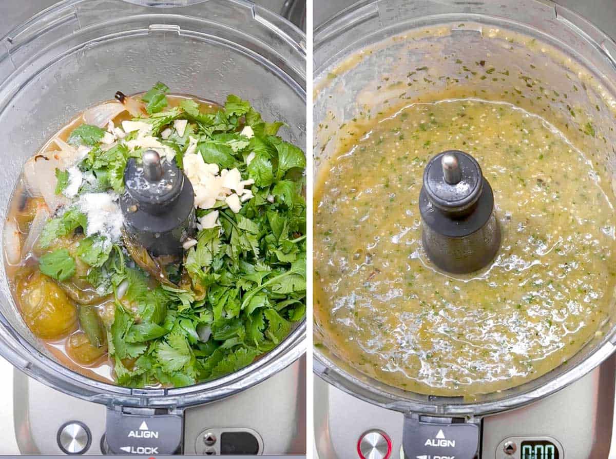 two overhead pics of a food process. The first one shows salsa verde ingredients, the second shows the pureed salsa verde.
