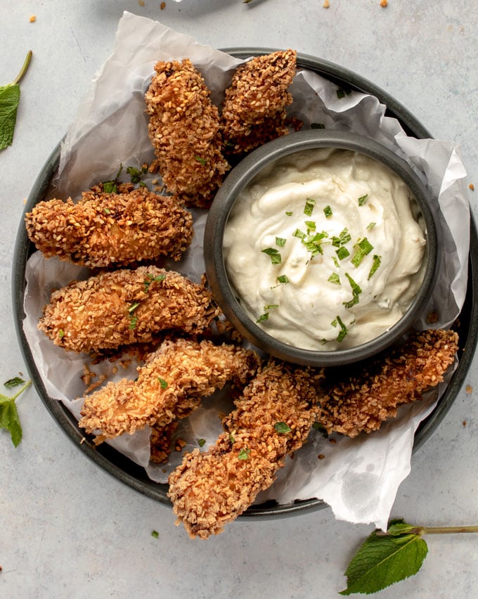 Sesame Fried Chicken Bites with Tahini Yogurt Remoulade