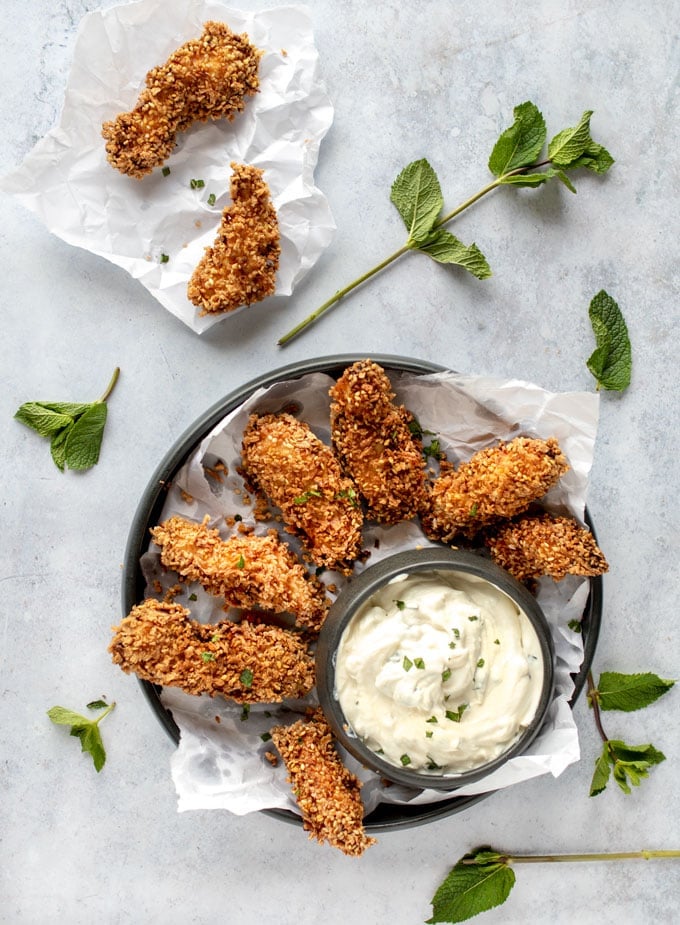 Turkish Sesame Fried Chicken Bites with Tahini Yogurt Remoulade sauce