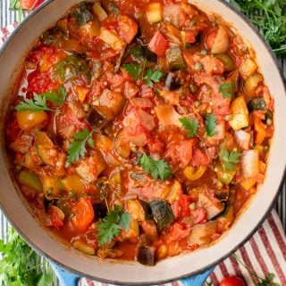 a pot of ratatouille seen from above