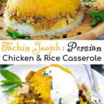 layered casserole of yellow rice with chicken and onions, yogurt sauce on top