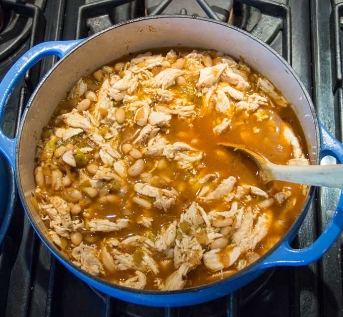 pot of award winning white chicken chili with white beans