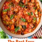 Pinterest Pin: close up looking down into a pot of ratatouille