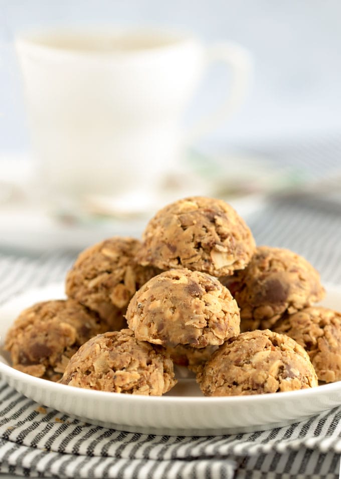 Stack of no bake oatmeal peanut butter energy bites