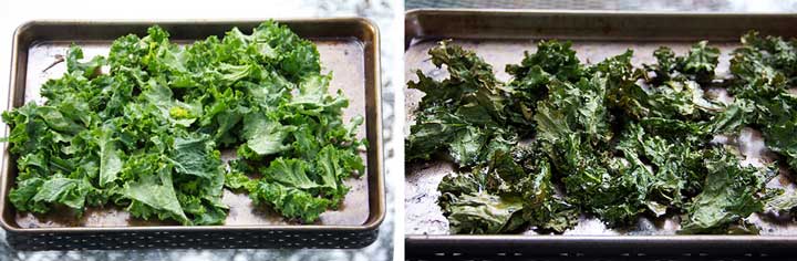 two rimmed baking sheets, one with raw curly kale - the other with roasted curly kale