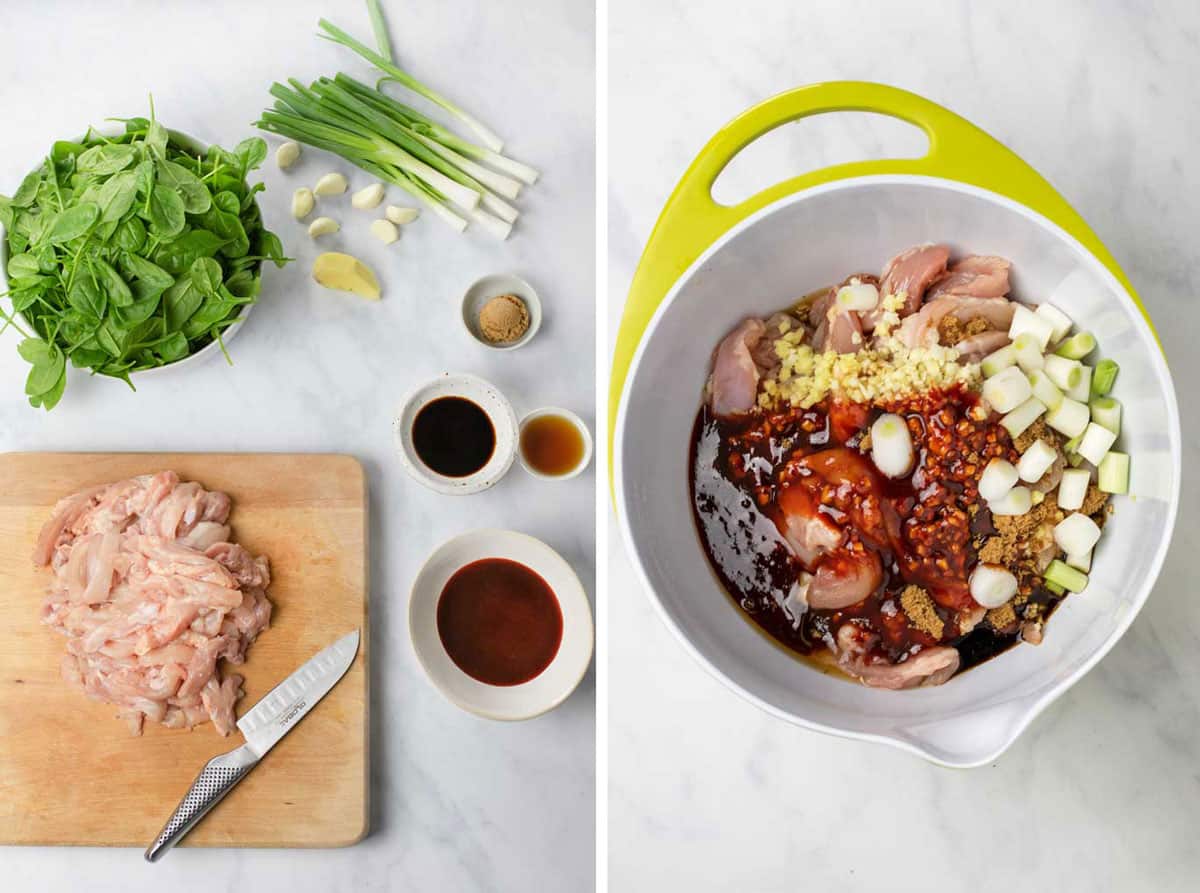 ingredients for Korean chicken stew: sliced raw chicken on a wooden cutting board, a bowl of spinach leaves, small bowls of gochujang sauce, soy sauce, chopped ginger and garlic, then a photo of all the ingredients together in a bowl 