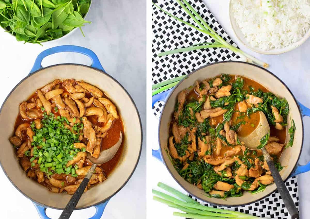 blue Dutch oven filled with sliced chicken thighs and gochujang sauce and scallions, next photo shows the same pot filled with finished Korean Chicken Stew with spinach