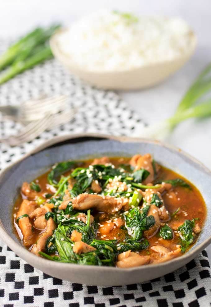 a bowl of Korean Chicken Stew with Gochujang Sauce and rice