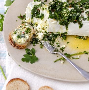 plate with a log of goat cheese topped with parsley garlic cressing