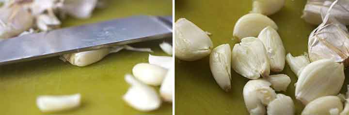 showing how to peel garlic by flattening it under a knife