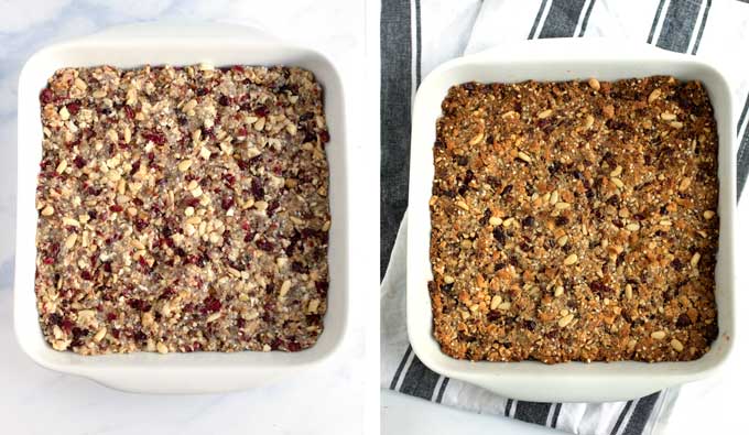 Two white square baking pans showing fruit and nut bars before baking and after baking