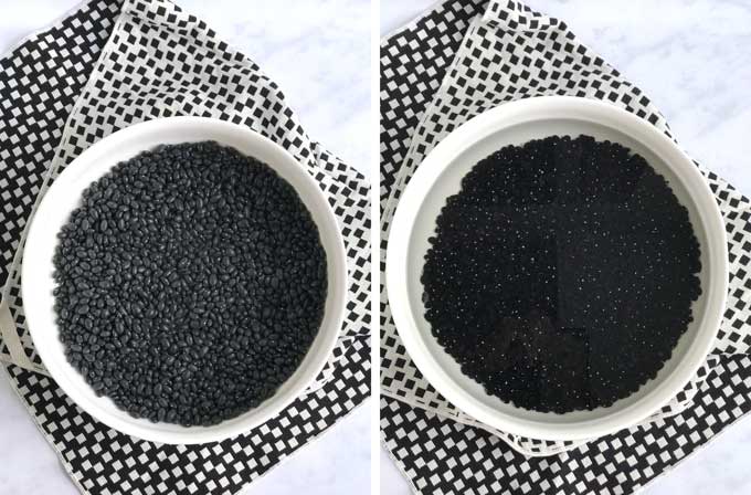 Side by side white bowls filled with black beans, dry beans on the left, soaking in water on the right.