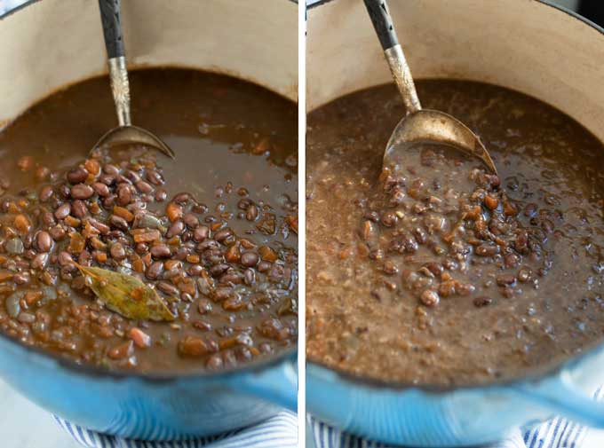 side by side shot of a blue Dutch oven with spicy black bean soup, not pureed on the left, pureed on the right