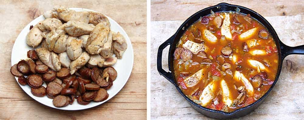 sautéed chicken and sausage on a plate, another image of a cast iron pan filled with ingredients for paella