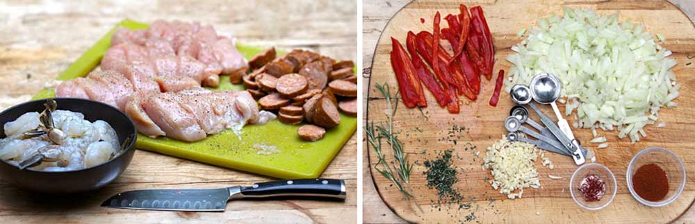 ingredients for easy Spanish paella: raw sliced chicken, sliced sausages, raw shrimp, herbs and bell peppers