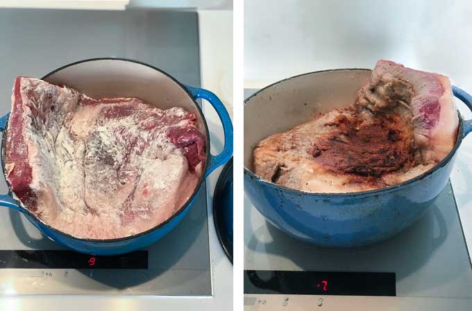 Side by side photos of a blue dutch oven with large pieces of brisket being browned
