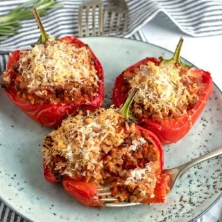 3 pork-stuffed peppers on a light blue plate