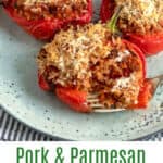 pinterest pin: three stuffed peppers on a light blue plate