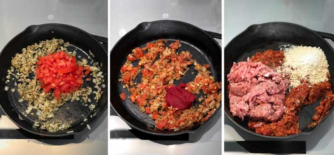 three pictures of a cast iron skillet in various stages of cooking onions, tomatoes and pork