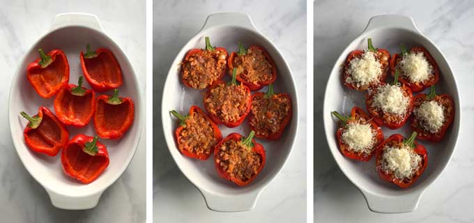 three images showing how to stuff red peppers. Empty pepper halves in an oval casserole dish, pork-stuffed peppers in a casserole, stuffed peppers with parmesan topping in a casserole