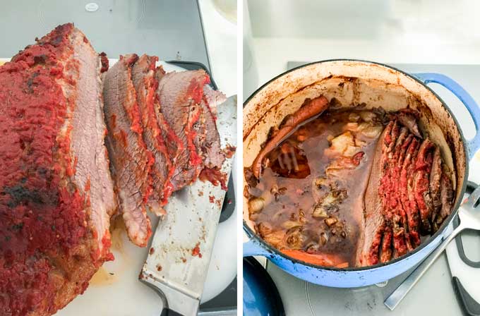 Side by side photos of brisket being sliced and then the sliced added to a pot filled with braising liquid