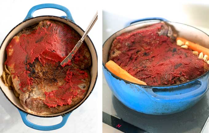 Side by side photos of a blue dutch oven filled with a browned brisket at various stages of being coated in tomato paste