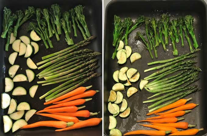 two side by side roasting pans of vegetables, before and after roasting, with tender stem broccoli, sliced zucchini, thin asparagus and baby carrots