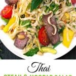 White plate filled with Thai steak and noodle salad, 2 pieces of sliced steak, swirly noodles, tomatoes, mangos and mint leaves