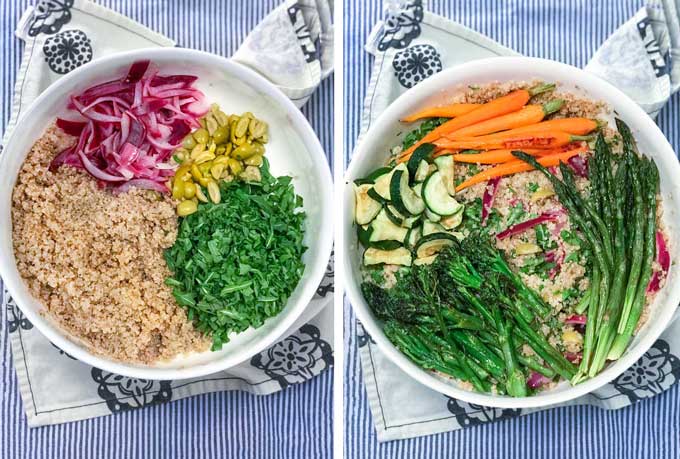 two side by side pictures with ingredients for roasted vegetable quinoa salad, with cooked quinoa, pickled red onions, sliced green olives, chopped arugula, roasted baby carrots, asparagus, zucchini and tender stem broccoli