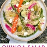 pinterest pin: white bowl filled with colorful quinoa salad with spring vegetables and feta