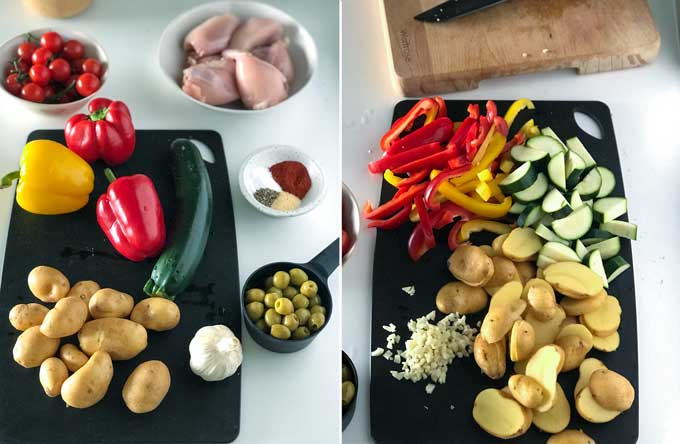 Raw ingredients on a black cutting board for making baked chicken thighs with potatoes, bell peppers, zucchini, cherry tomatoes and green olives. Chicken thighs are in a bowl. photo on the left show whole ingredients. Photo on the right shows sliced and chopped ingredients.