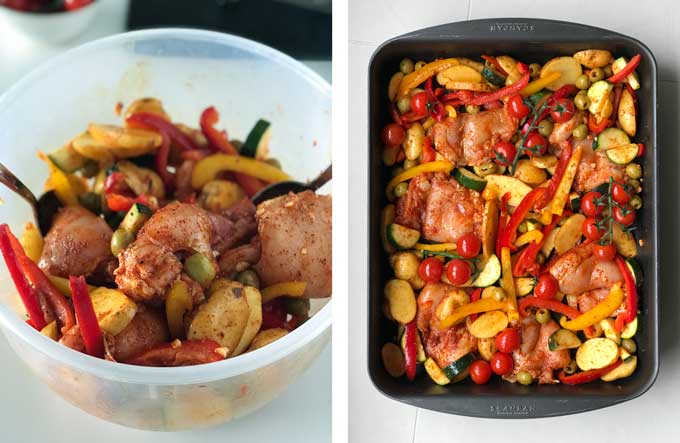 side by side photos. The one on the left is a bowl with all the ingredients for making baked chicken thighs with potatoes, peppers and olives. The one on the right shows everything spread out into a black rectangular roasting pan.