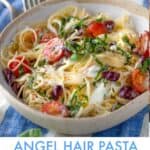 pinterest pin: angel hair pasta with goat cheese and cherry tomatoes