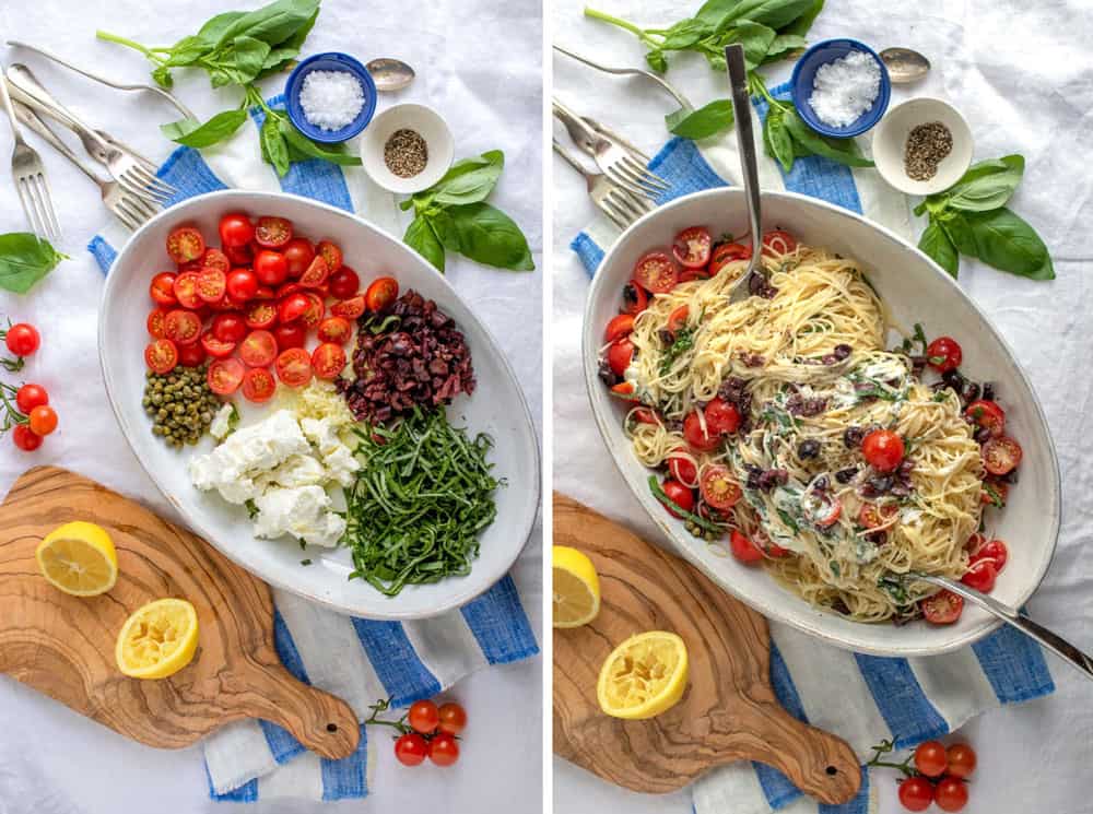 two photos side by side, the first an oval bowl filled with piles of chopped ingredients for no-cook pasta sauce: cherry tomatoes, capers, goat cheese, kalamata olives, slivered basil, minced garlic. The next photo shows everything tossed together